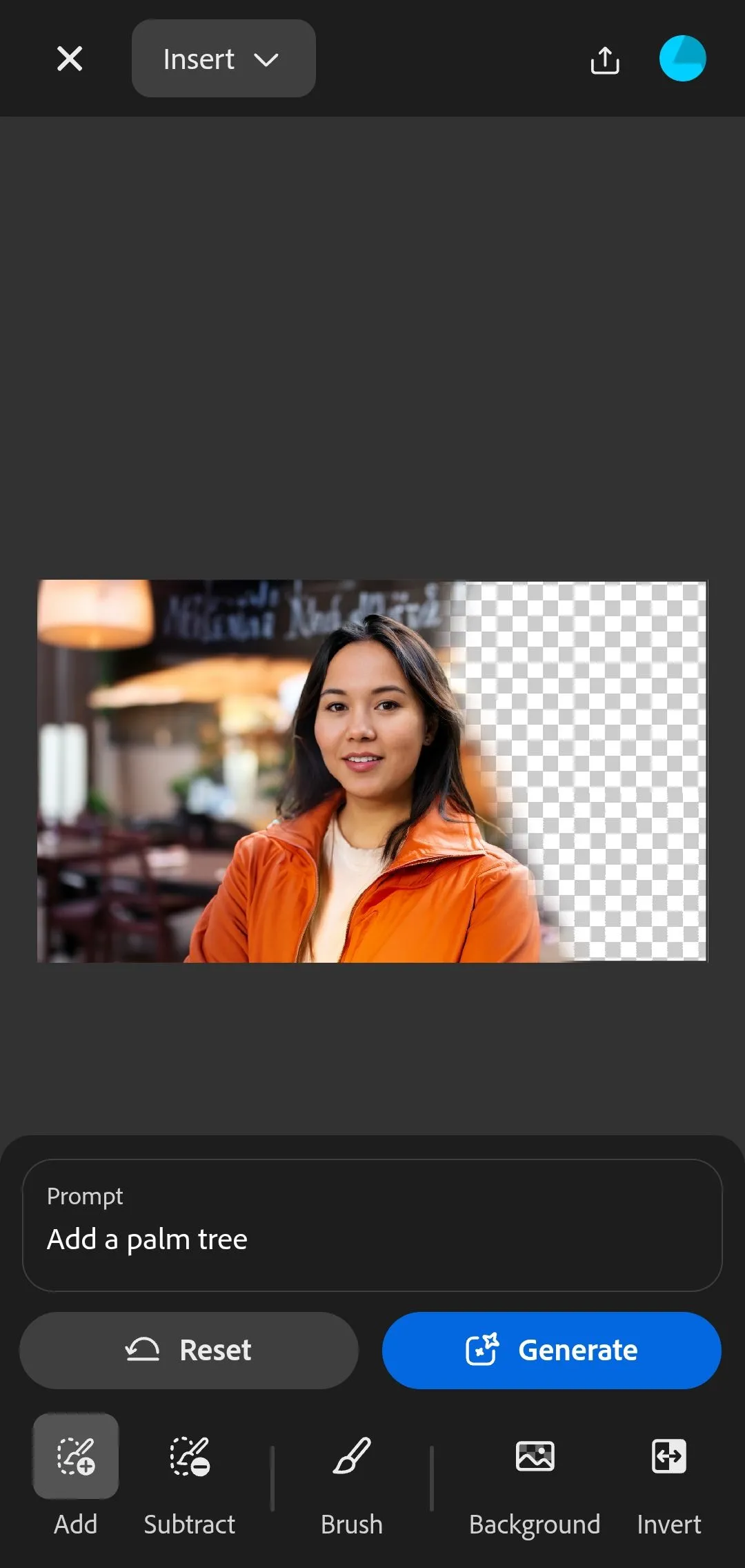 Giao diện nhập lệnh (prompt) của Generative Fill trong Adobe Firefly mobile, ví dụ thay thế vật thể bằng cát
