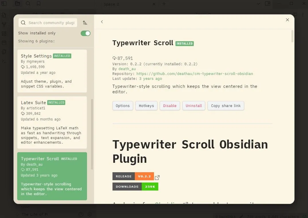Giao diện Obsidian với plugin Typewriter Scroll được kích hoạt, hiển thị dòng viết hiện tại ở trung tâm màn hình, mô phỏng trải nghiệm máy đánh chữ.