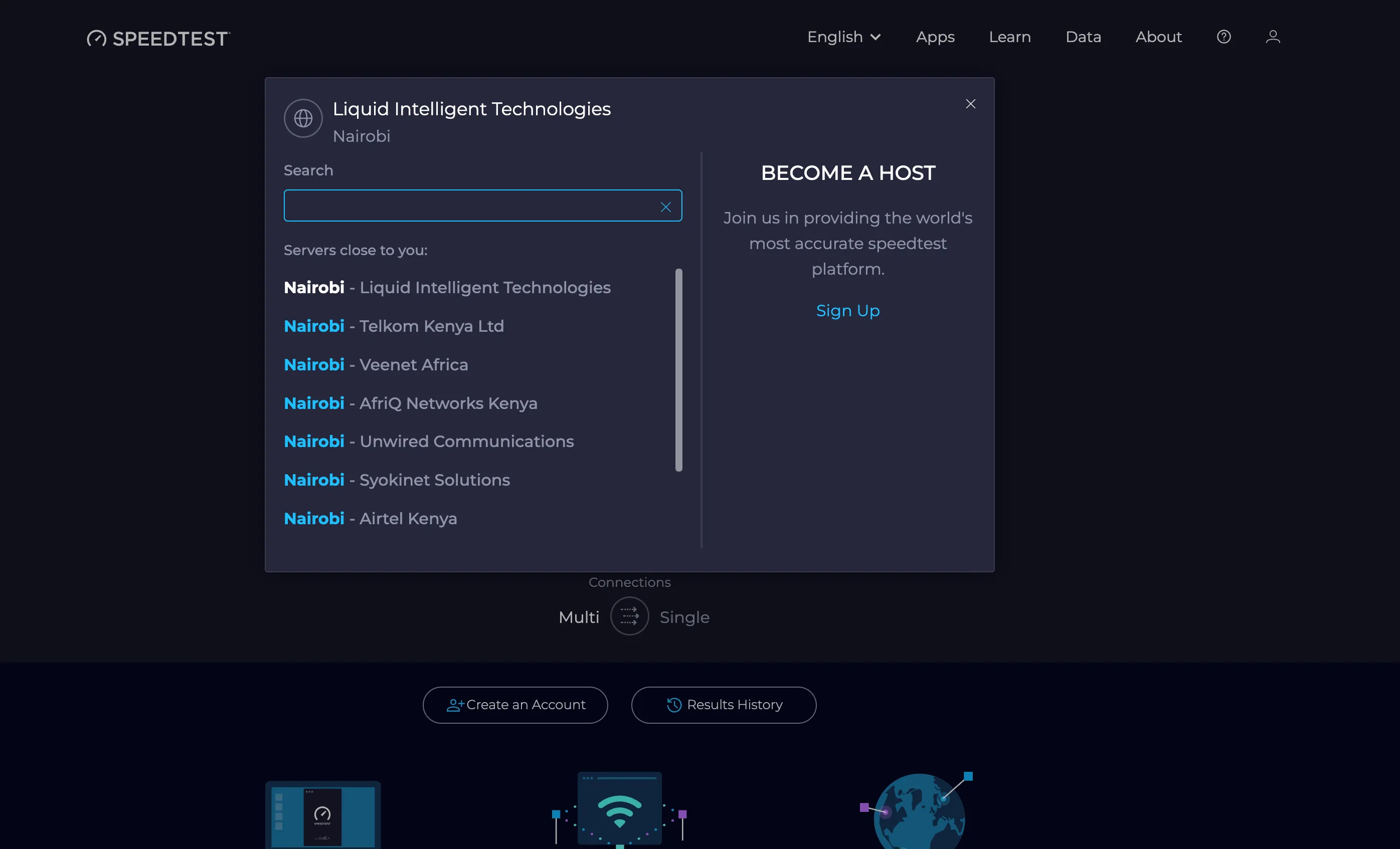 Giao diện Ookla Speedtest hiển thị tùy chọn chọn máy chủ kiểm tra tốc độ internet