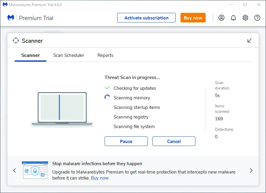 Giao diện phần mềm Malwarebytes đang hoạt động quét hệ thống