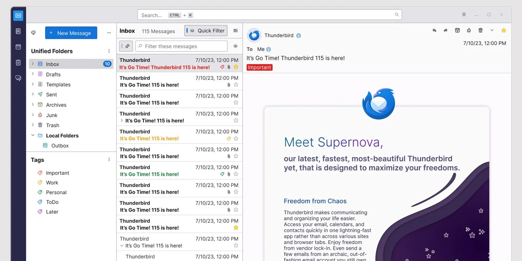 Giao diện phần mềm quản lý email Thunderbird với một email đang mở