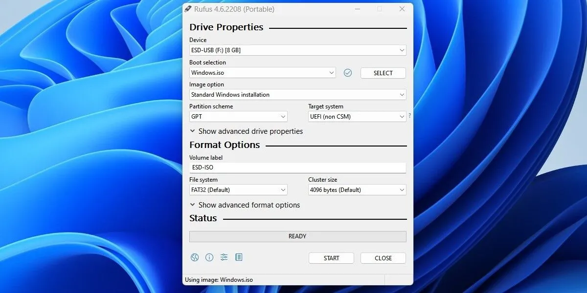 Giao diện phần mềm Rufus hỗ trợ tạo USB boot từ file ISO Windows