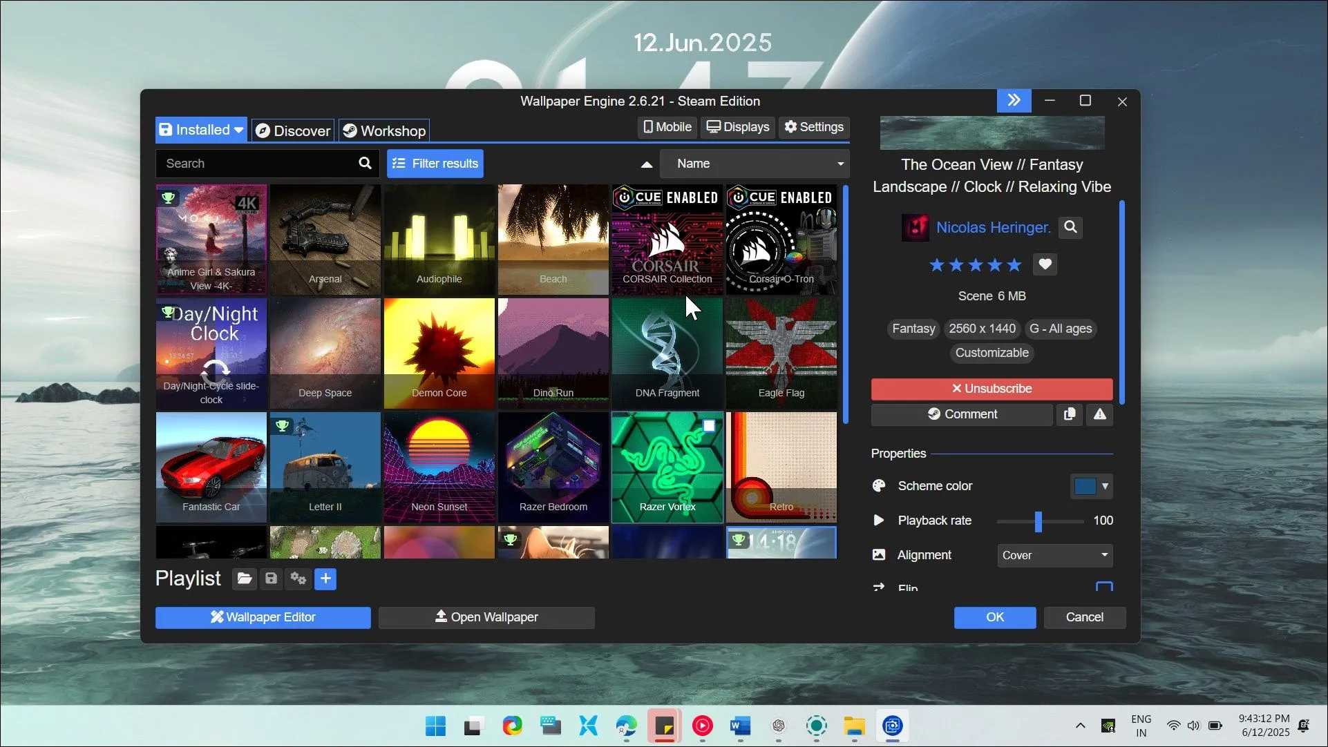 Giao diện phần mềm Wallpaper Engine hiển thị hình nền động trên Windows 11 với hiệu ứng thị sai và các tùy chọn cài đặt.