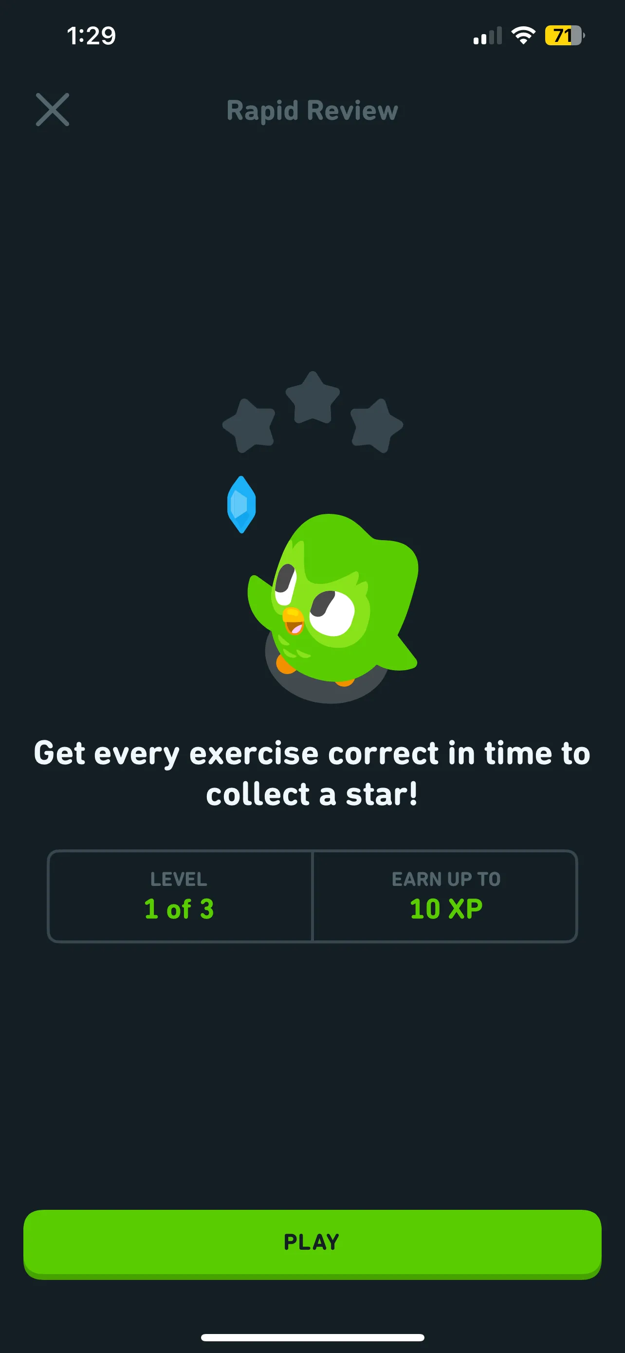 Giao diện phiên ôn tập nhanh (Rapid Review) của Duolingo, hiển thị tiến độ 1 trên 3 bài tập.