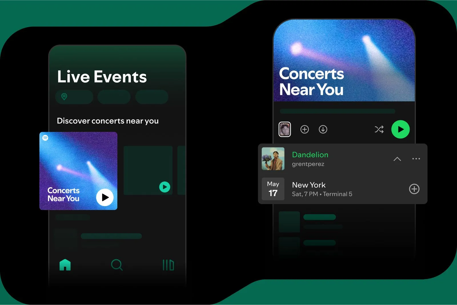Giao diện playlist Concerts Near You trên ứng dụng Spotify hiển thị danh sách các buổi hòa nhạc gần bạn