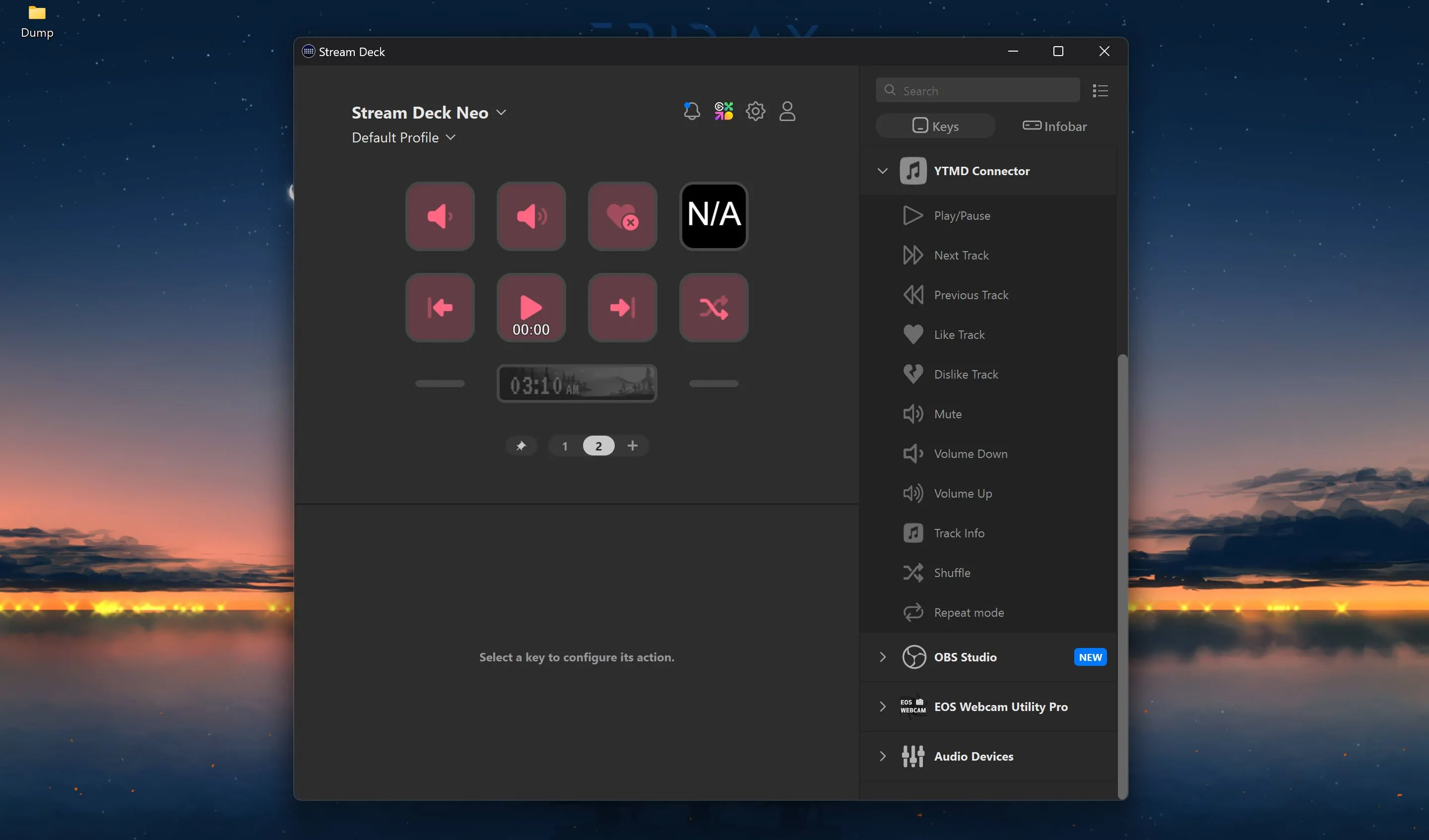 Giao diện plugin YouTube Music Desktop (YTMD) cho Elgato Stream Deck trên màn hình Windows.