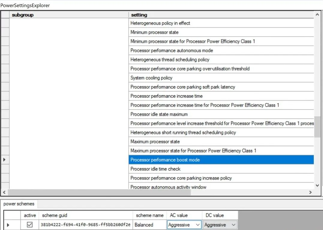 Giao diện Power Settings Explorer hiển thị các tùy chọn quản lý năng lượng, nơi có thể điều chỉnh chế độ tăng tốc bộ xử lý