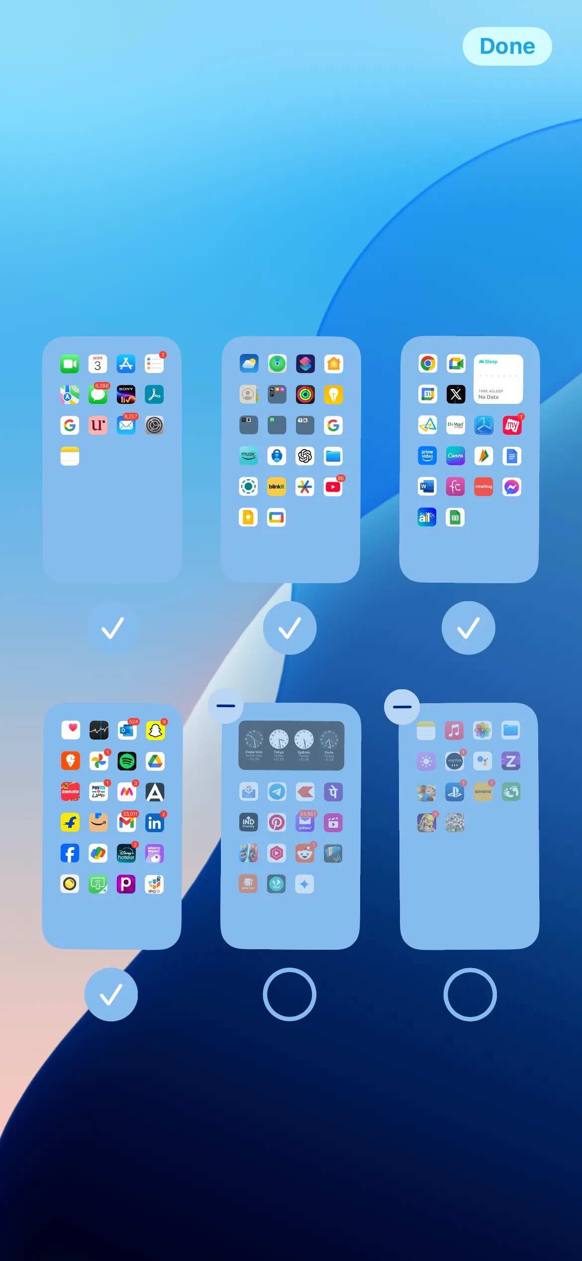 Giao diện quản lý các trang màn hình chính trên iPhone, cho phép ẩn hoặc xóa trang để tối ưu không gian.
