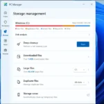 Giao diện quản lý dung lượng ổ đĩa trên Microsoft PC Manager, cho phép phân tích và dọn dẹp tập tin.