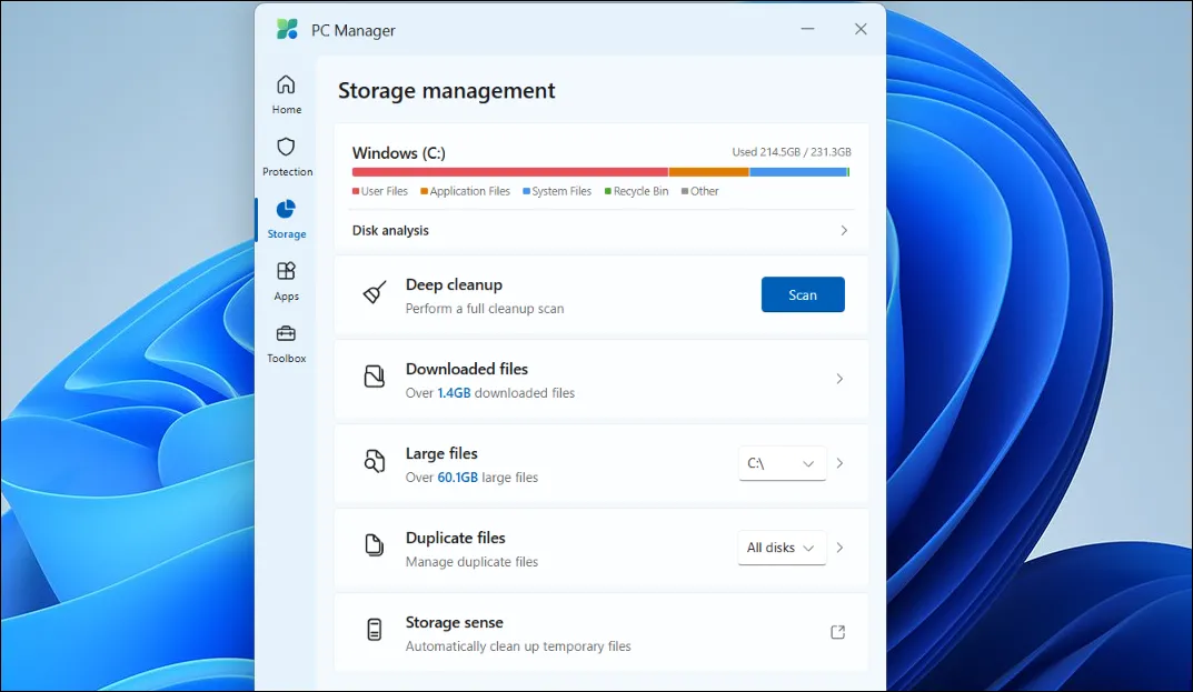 Giao diện quản lý dung lượng ổ đĩa trên Microsoft PC Manager, cho phép phân tích và dọn dẹp tập tin.