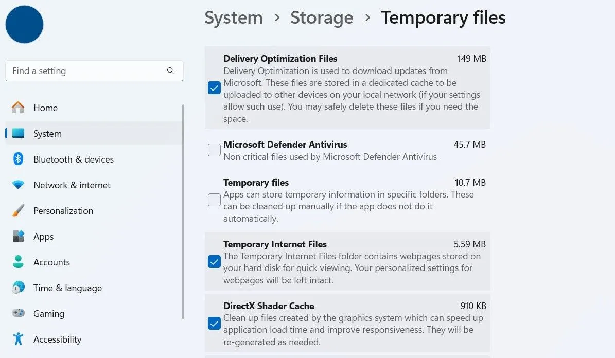 Giao diện quản lý tệp tạm thời trong ứng dụng Cài đặt Windows 11