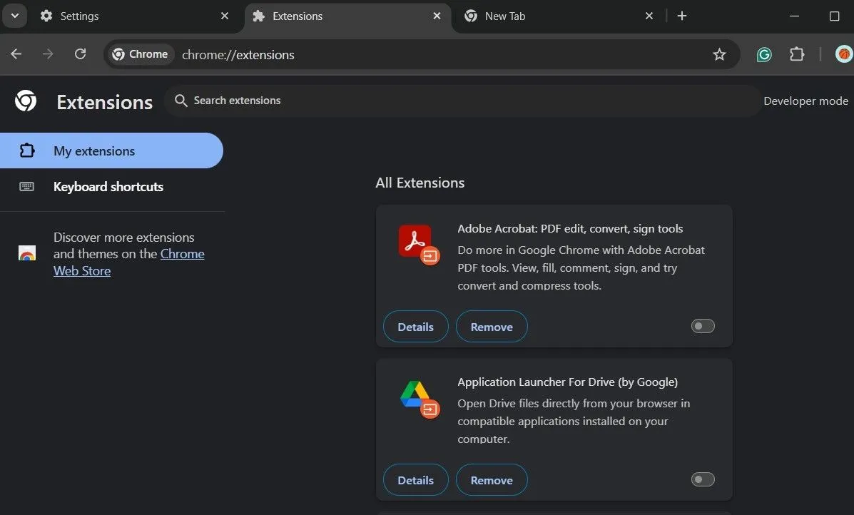 Giao diện quản lý tiện ích mở rộng của Google Chrome, thể hiện số lượng tiện ích đã cài đặt