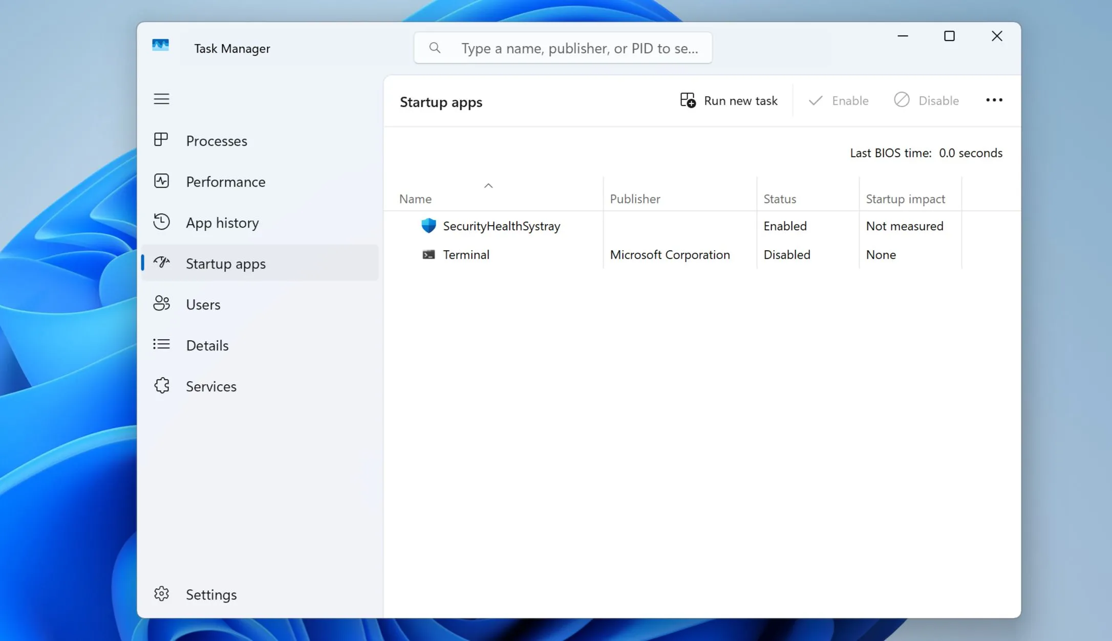 Giao diện quản lý ứng dụng khởi động (Startup apps) trong Task Manager của Windows 11, hiển thị các ứng dụng chạy cùng hệ thống
