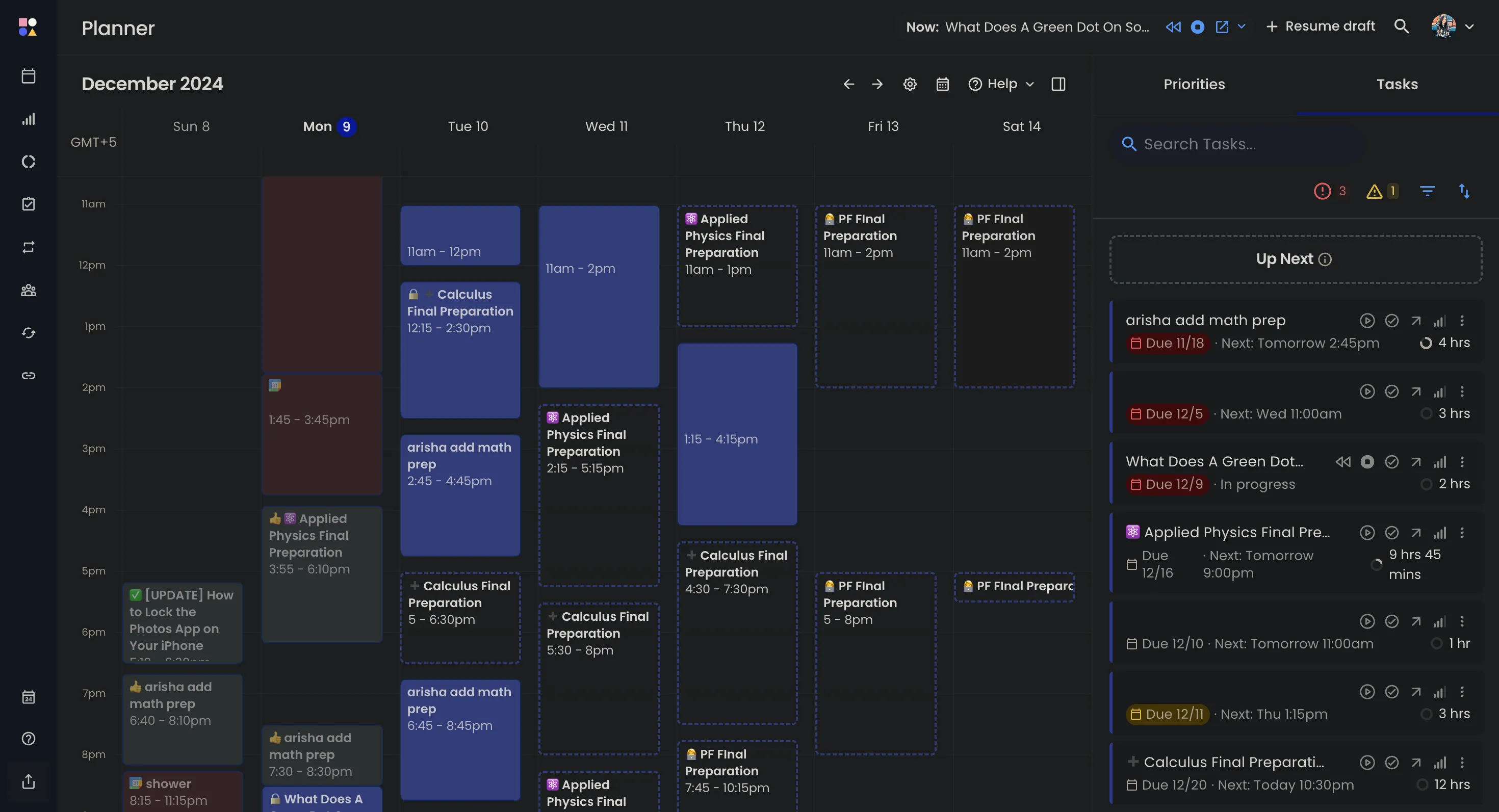 Giao diện Reclaim AI hiển thị Planner và danh sách nhiệm vụ của người dùng