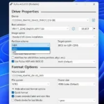 Giao diện Rufus đang tạo USB cài Windows 11, hiển thị các tùy chọn cấu hình như Boot selection và Partition scheme.
