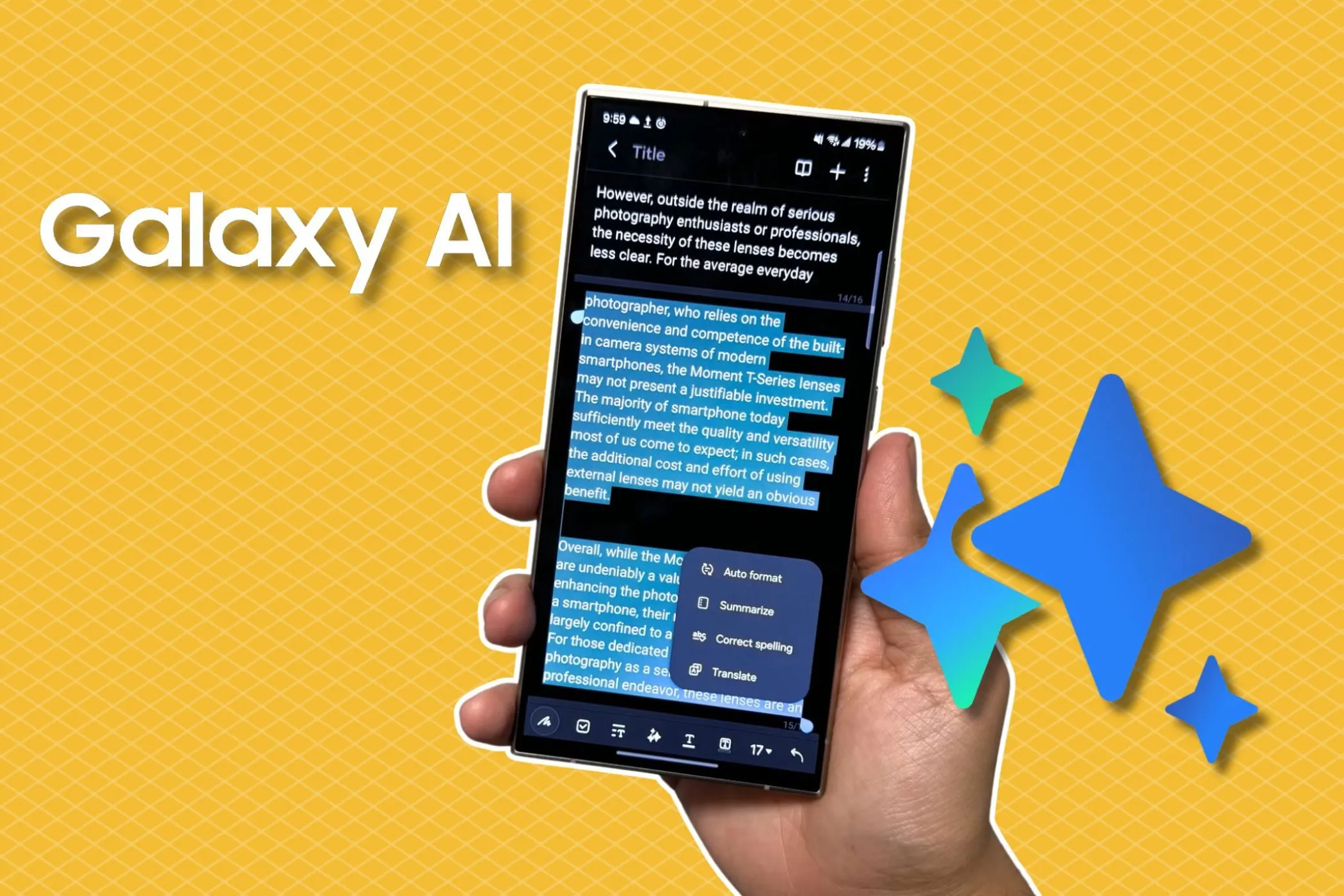Giao diện Samsung Galaxy S24 Ultra nổi bật với biểu tượng Galaxy AI và nền vàng chuyển sắc, minh họa các tính năng AI mới.