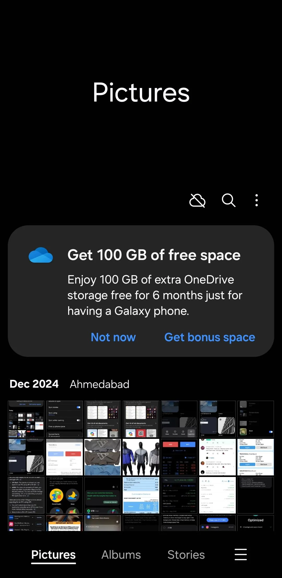 Giao diện Samsung Gallery hiển thị tùy chọn tích hợp và sao lưu ảnh lên dịch vụ đám mây OneDrive.
