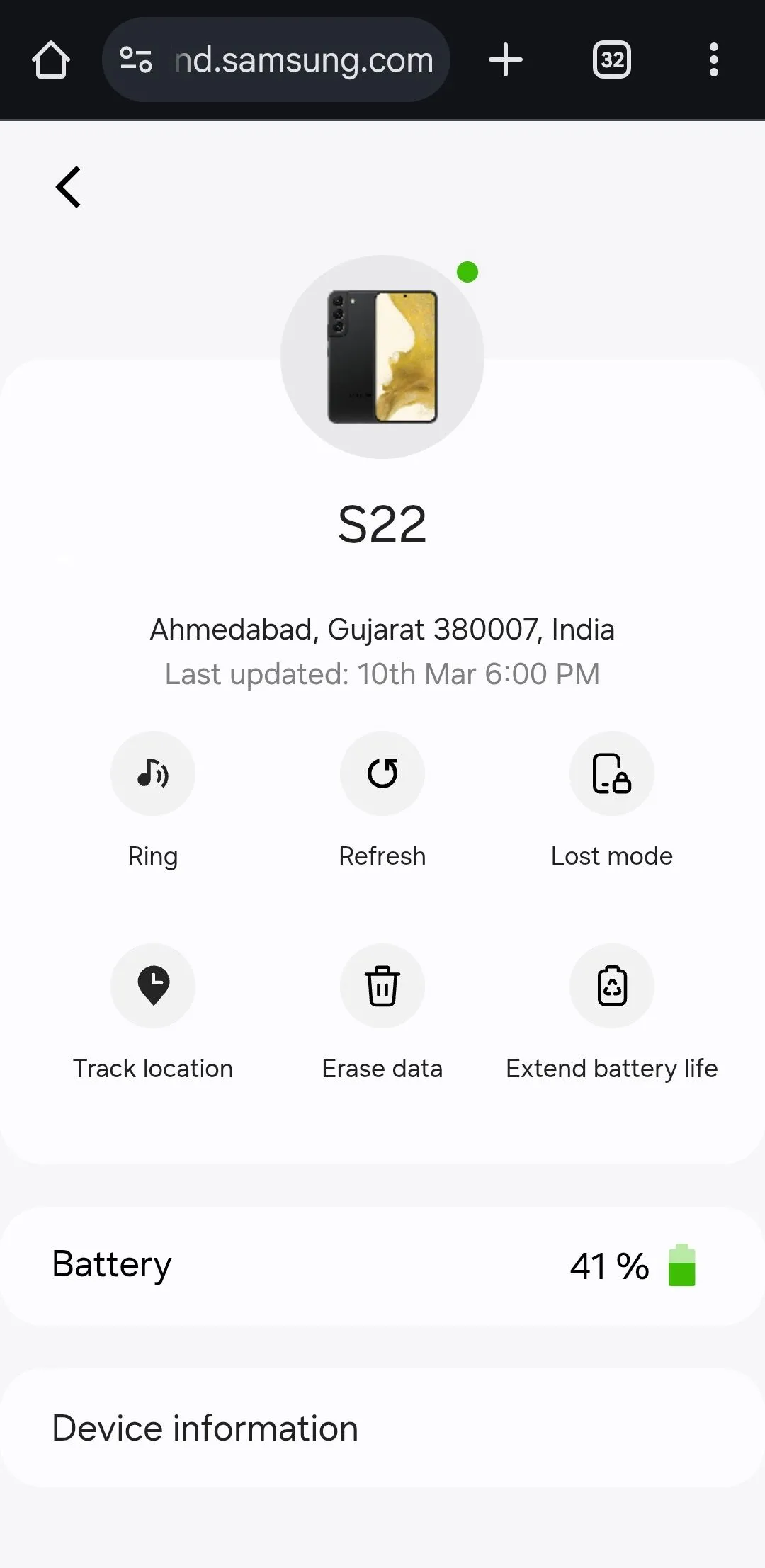 Giao diện Samsung SmartThings Find hiển thị các tùy chọn tìm thiết bị và kéo dài pin