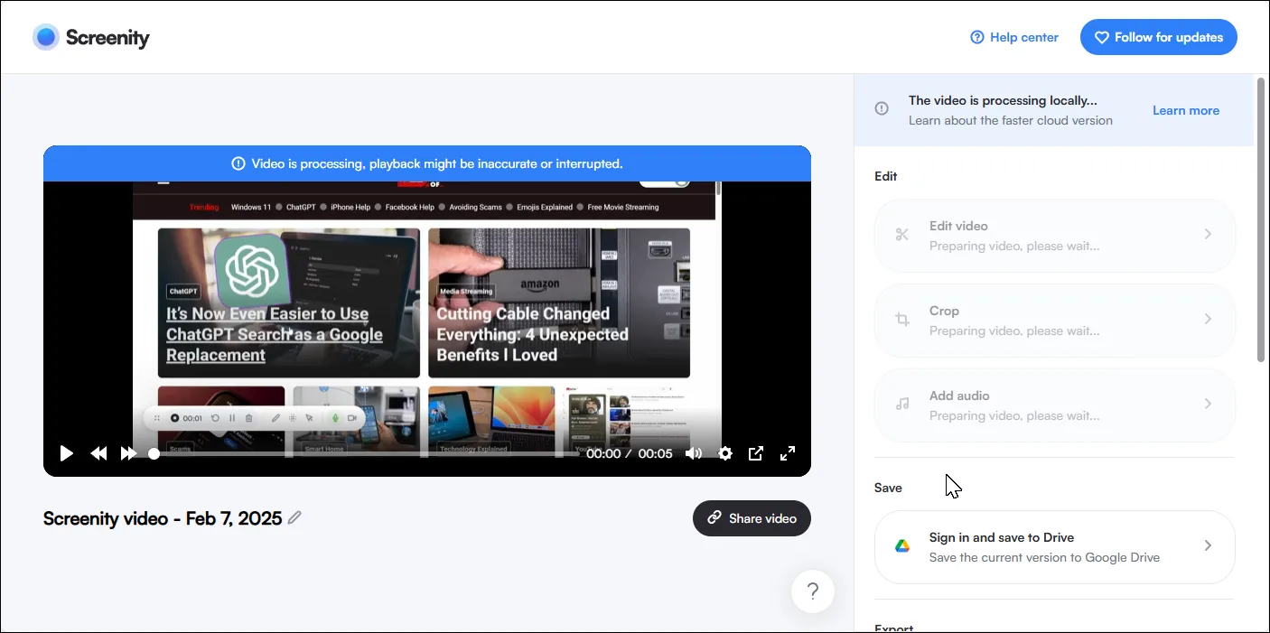 Giao diện Screenity hiển thị màn hình đang được ghi hình cùng các công cụ chú thích