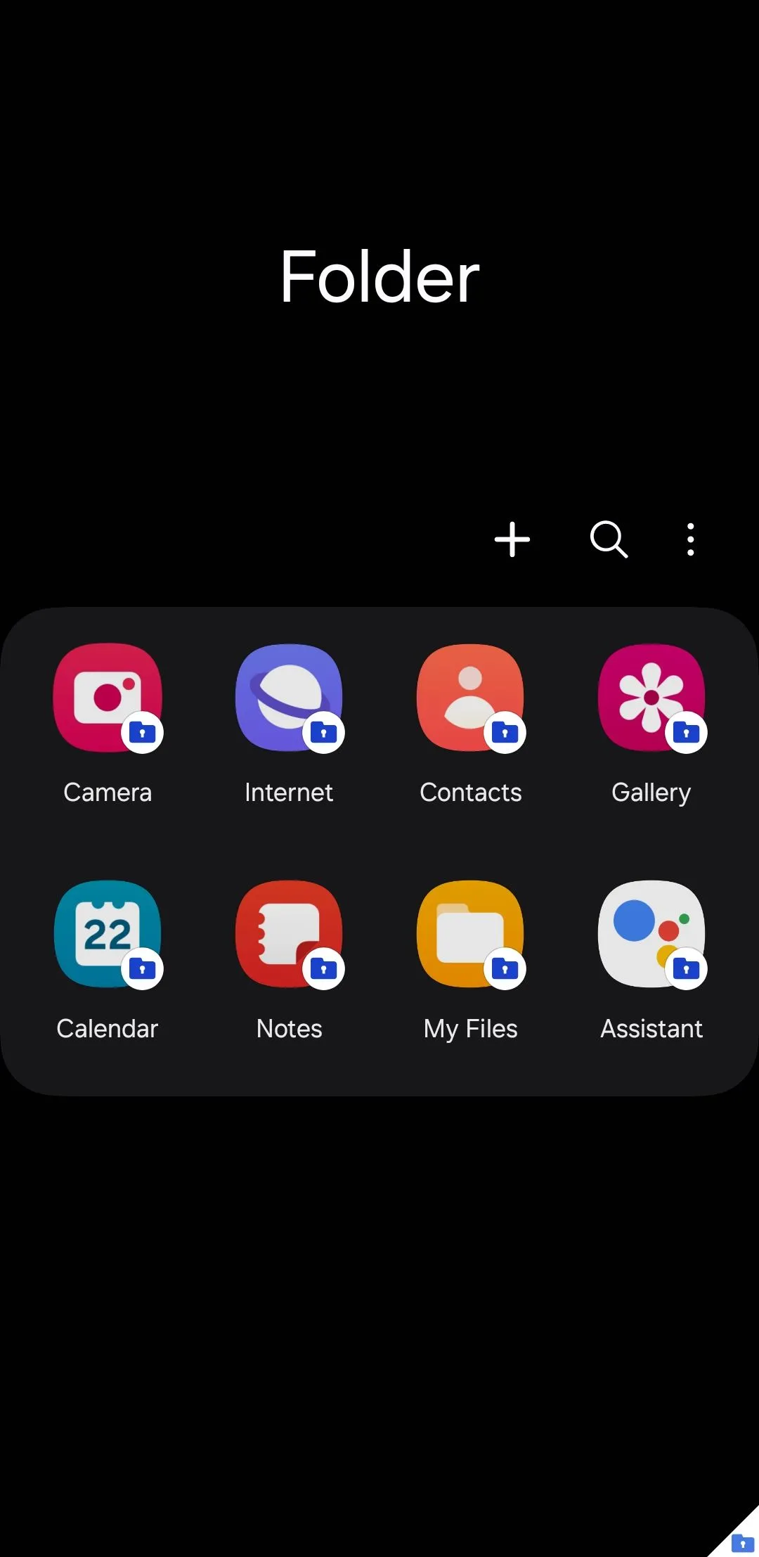 Giao diện Secure Folder trên điện thoại Samsung Galaxy, hiển thị các thư mục và ứng dụng được bảo mật