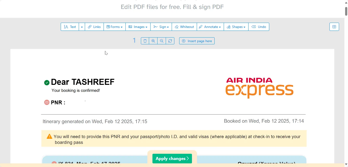 Giao diện Sejda Web Editor đang chỉnh sửa tài liệu PDF với công cụ văn bản, giữ nguyên định dạng và font chữ gốc.