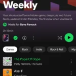 Giao diện Spotify Discover Weekly hiển thị tùy chọn lọc nhạc theo 5 thể loại mới