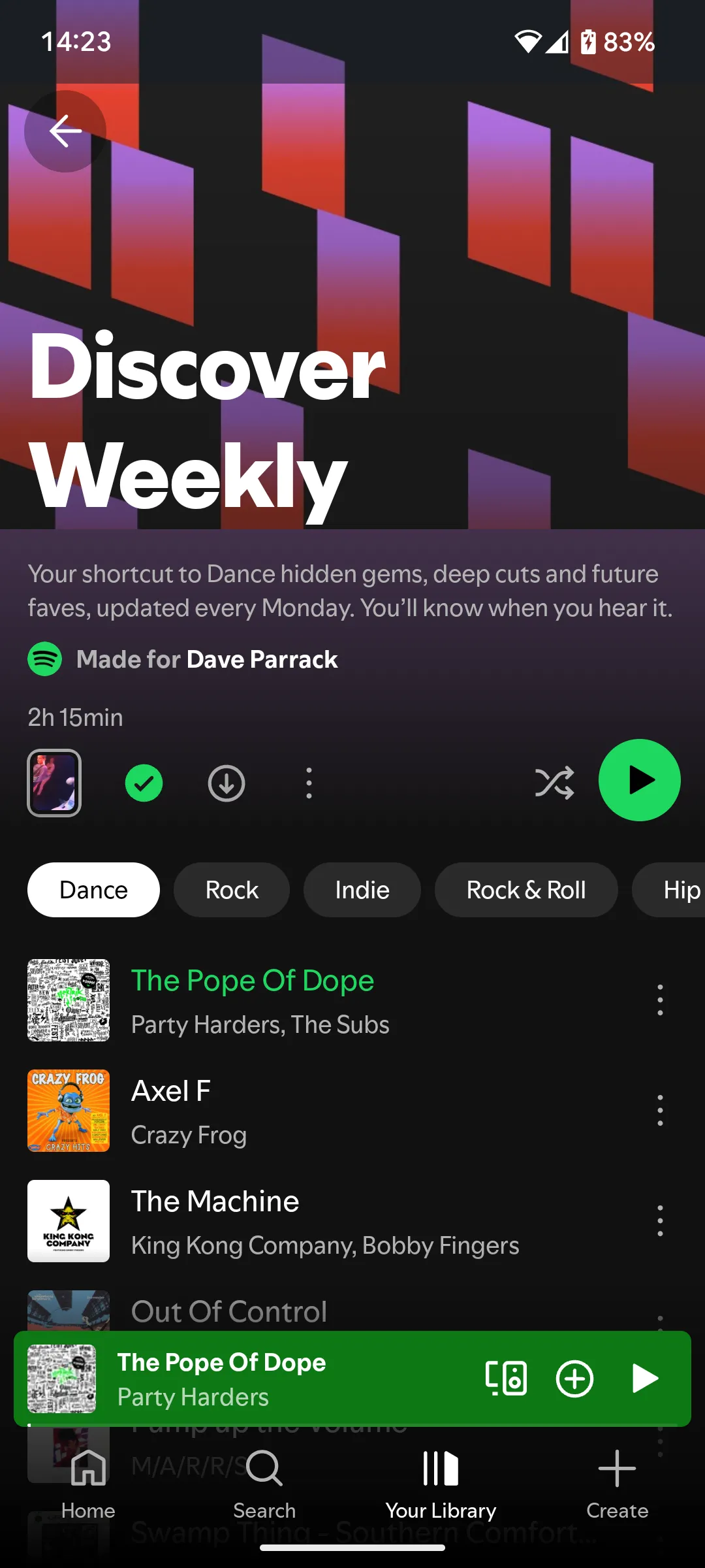 Giao diện Spotify Discover Weekly hiển thị tùy chọn lọc nhạc theo 5 thể loại mới