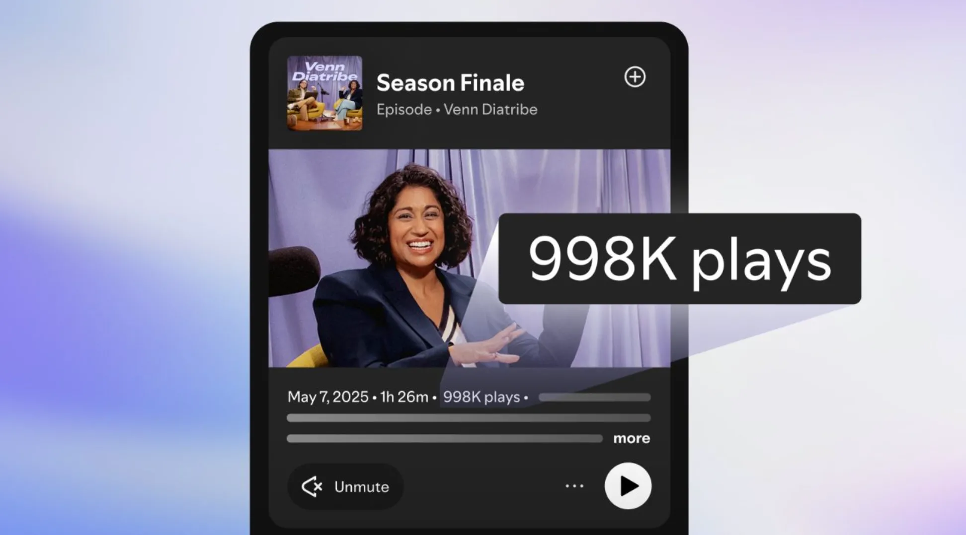 Giao diện Spotify hiển thị số lượt phát của một tập podcast, minh họa tính năng Plays mới.