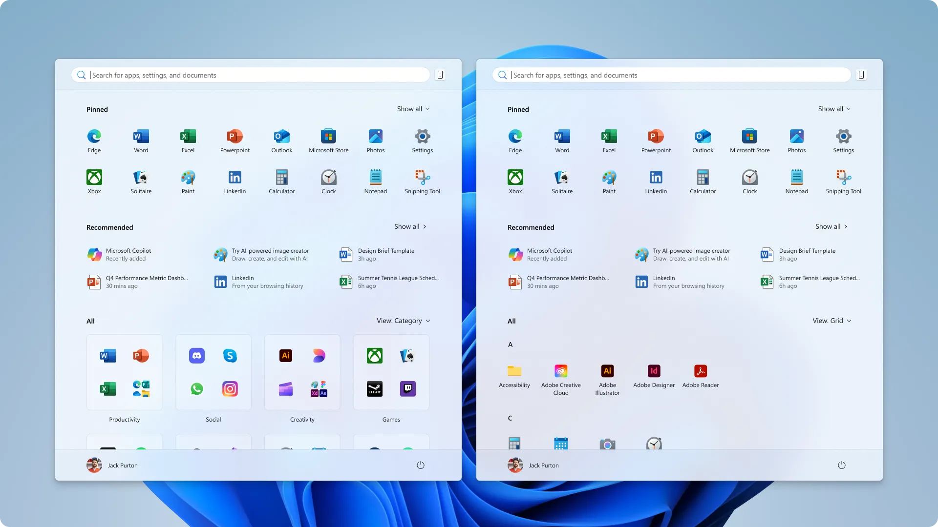 Giao diện Start Menu Windows mới với bố cục Danh mục và Lưới tùy chỉnh