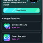 Giao diện Super Duolingo hiển thị các lợi ích chính: tim không giới hạn, không quảng cáo, thử thách huyền thoại miễn phí, và biểu tượng ứng dụng đặc biệt.