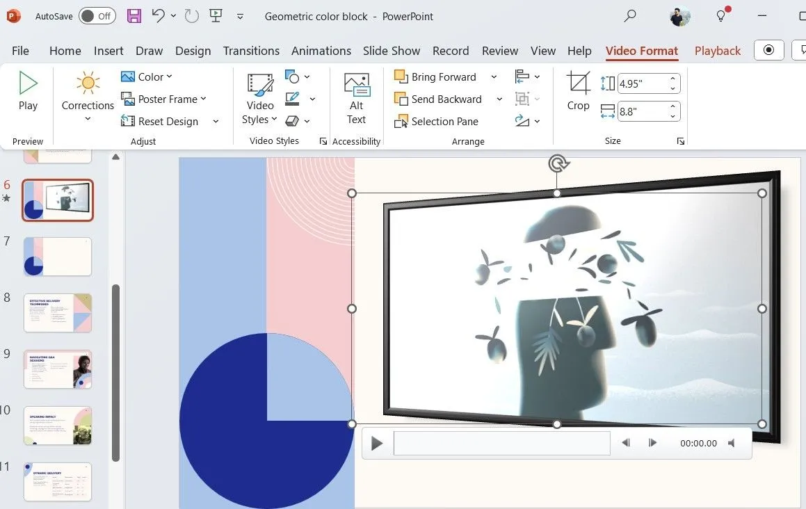 Giao diện tab Định dạng Video trong PowerPoint với các tùy chọn hiệu ứng và kiểu dáng cho video.