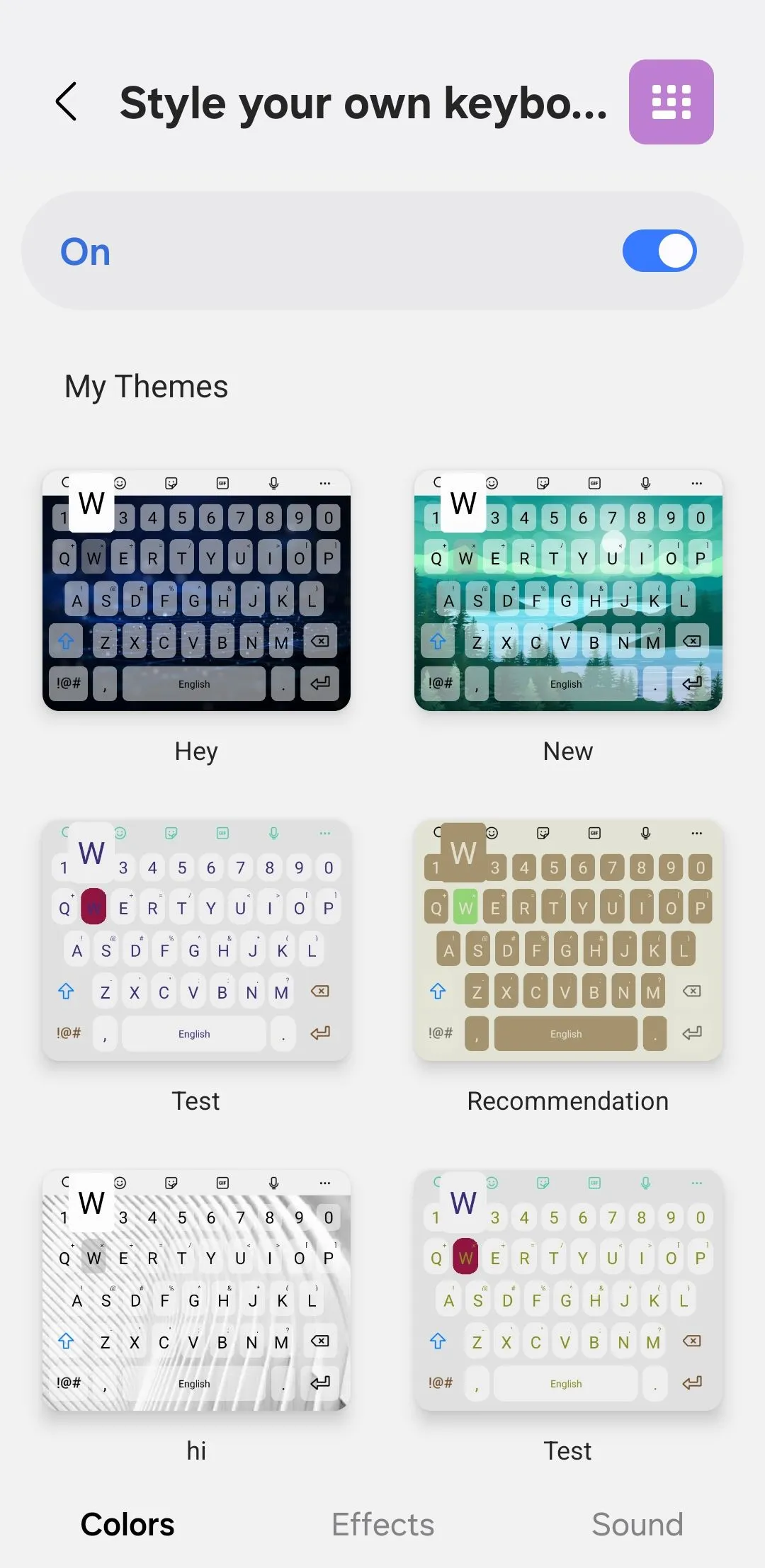 Giao diện tab &quot;Màu sắc&quot; trong ứng dụng KeysCafe của Samsung