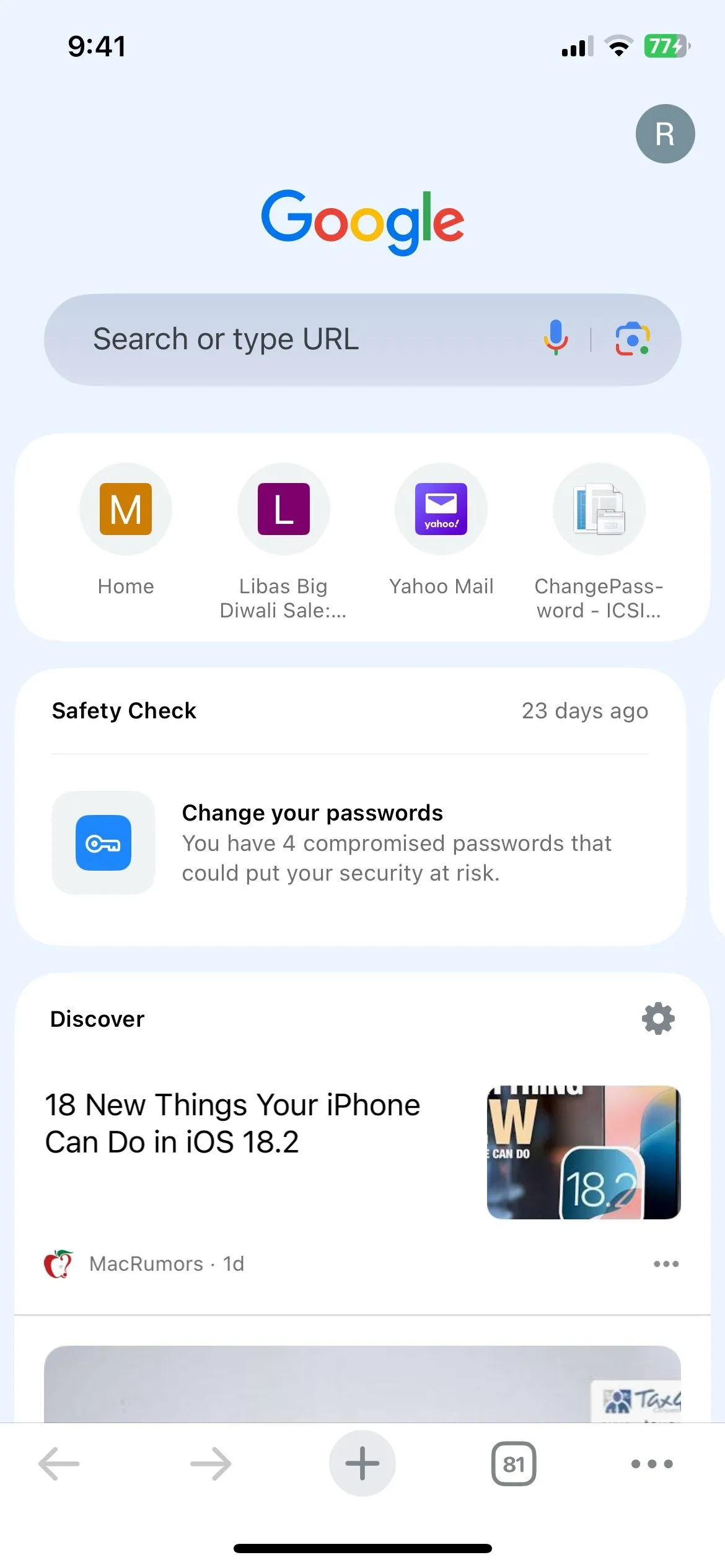 Giao diện tab mới của Chrome trên iPhone