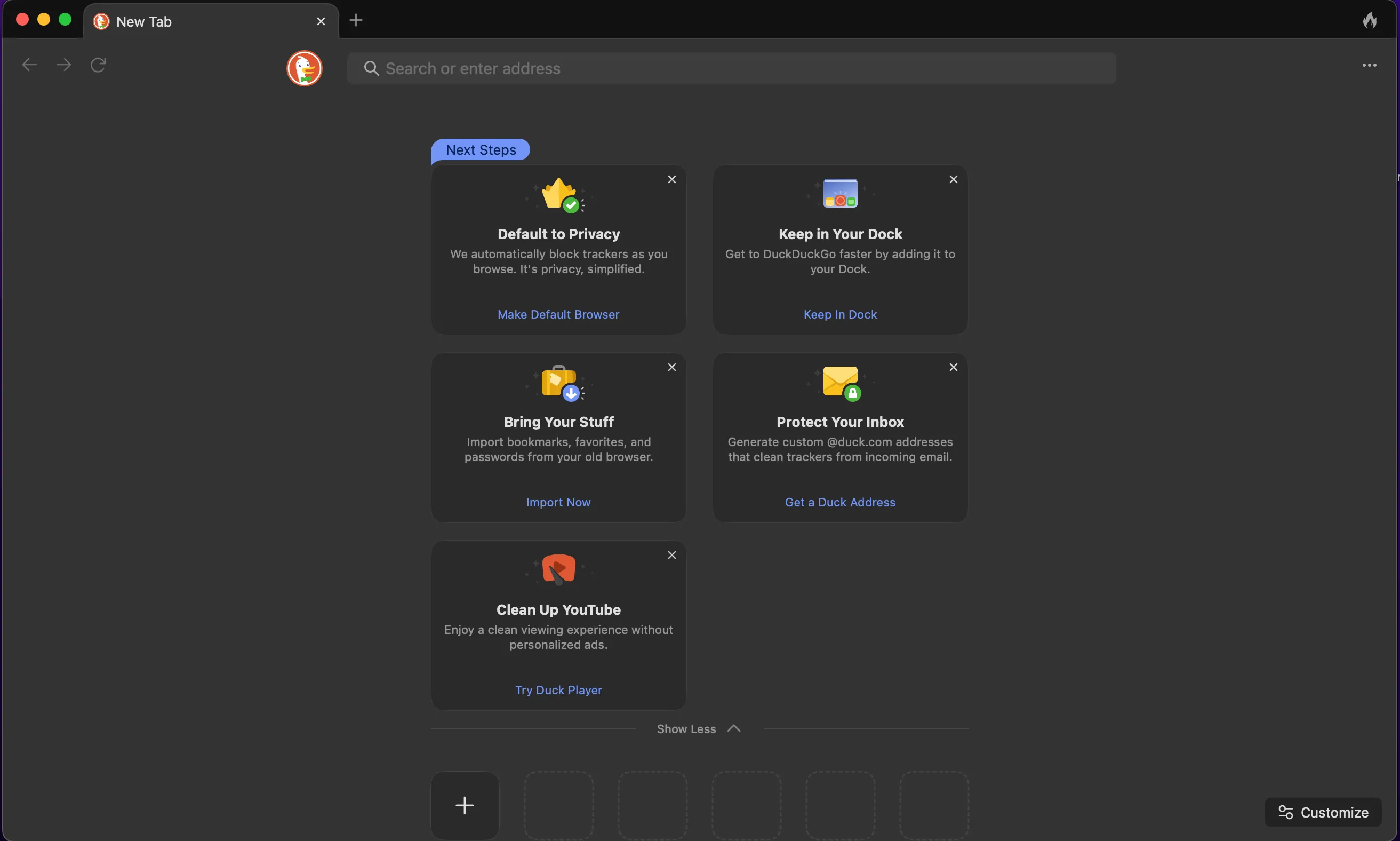 Giao diện tab mới của trình duyệt DuckDuckGo nhấn mạnh quyền riêng tư