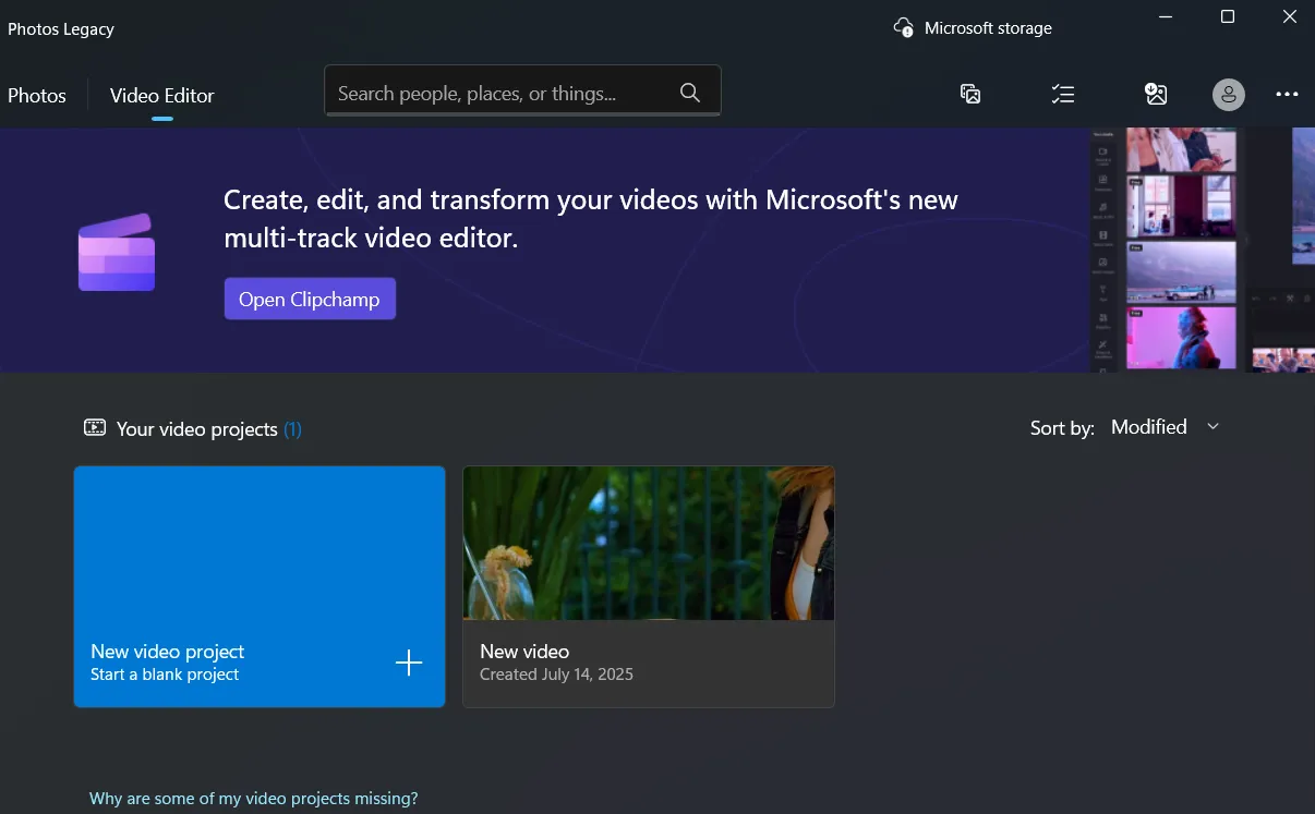 Giao diện tab Video Editor trong ứng dụng Photos Legacy trên Windows, với nút 'New video project'