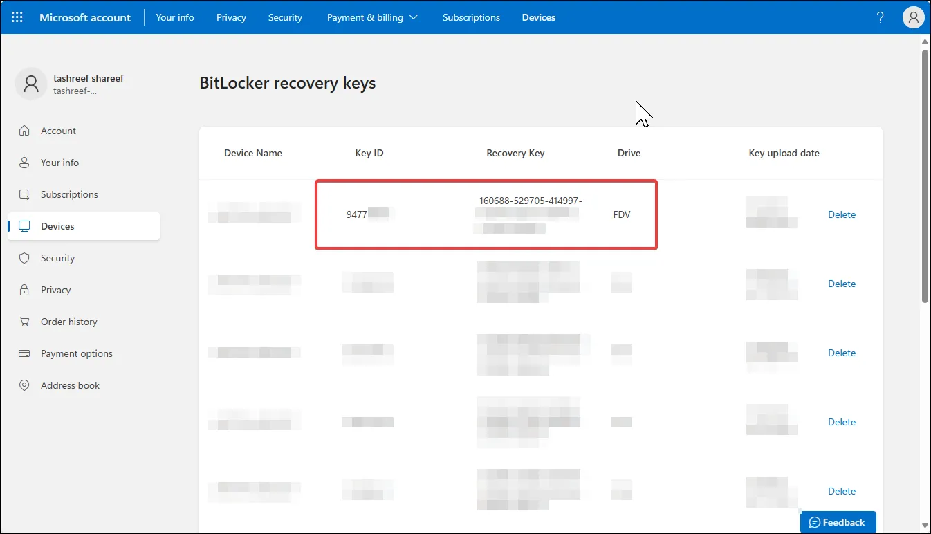 Giao diện tài khoản Microsoft hiển thị danh sách các khóa khôi phục BitLocker đã lưu