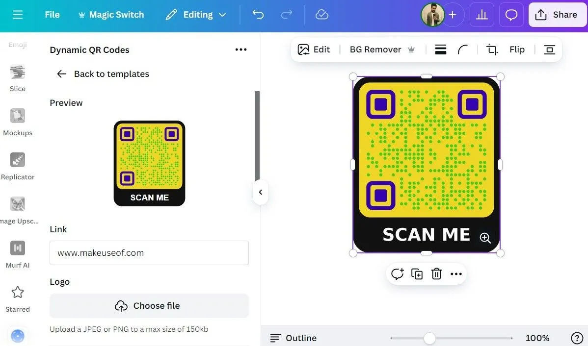 Giao diện tạo mã QR động trong Canva, cho phép tùy chỉnh màu sắc và thêm logo thương hiệu