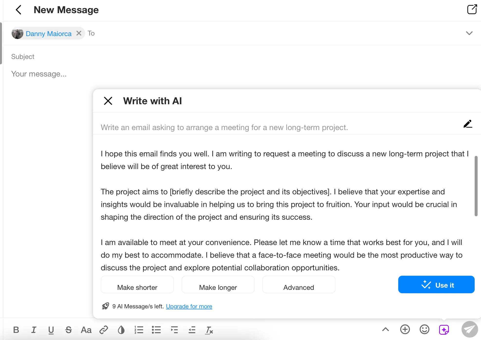 Giao diện tạo nội dung email bằng AI trong Spike, cho phép chọn loại nội dung, tông giọng và độ dài.