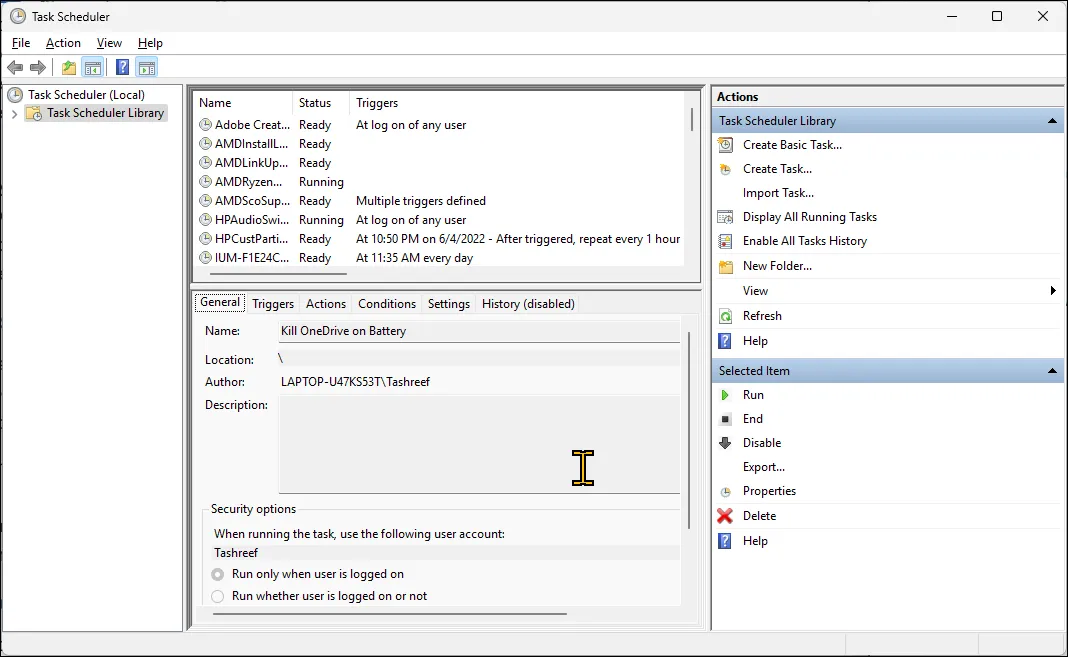 Giao diện tạo tác vụ mới trong Task Scheduler trên Windows 11, một công cụ lập lịch tích hợp sẵn.