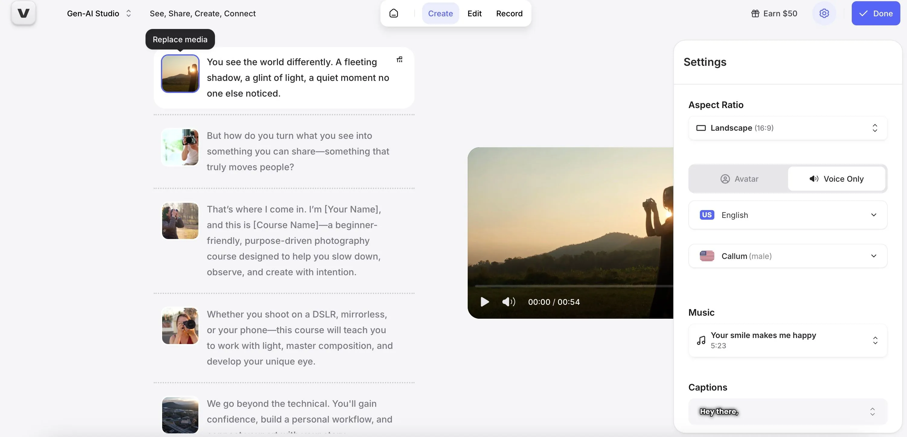 Giao diện tạo video quảng cáo với AI trên Veed.io