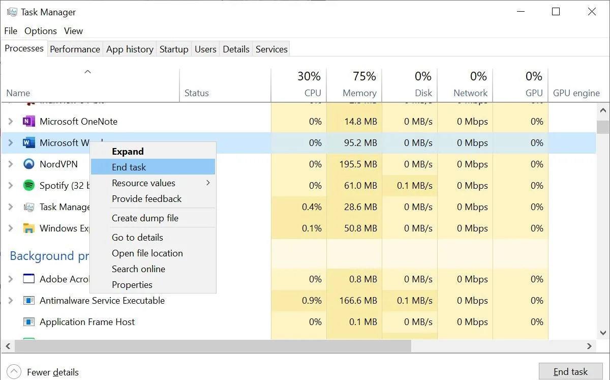 Giao diện Task Manager trên Windows 10, hiển thị tùy chọn &quot;End task&quot; để kết thúc một tiến trình đang chạy.