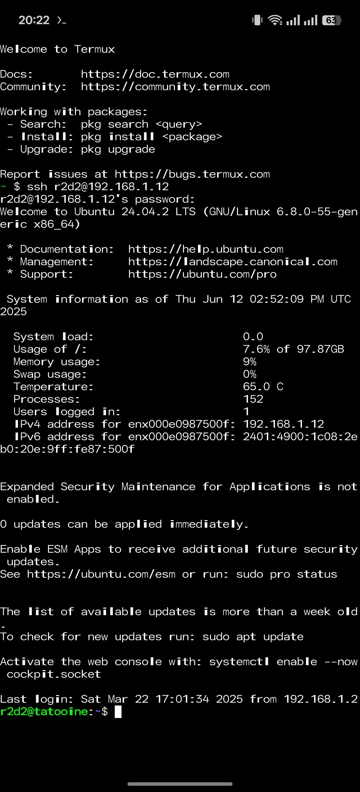 Giao diện Termux trên Android được sử dụng để quản lý máy chủ tại nhà.