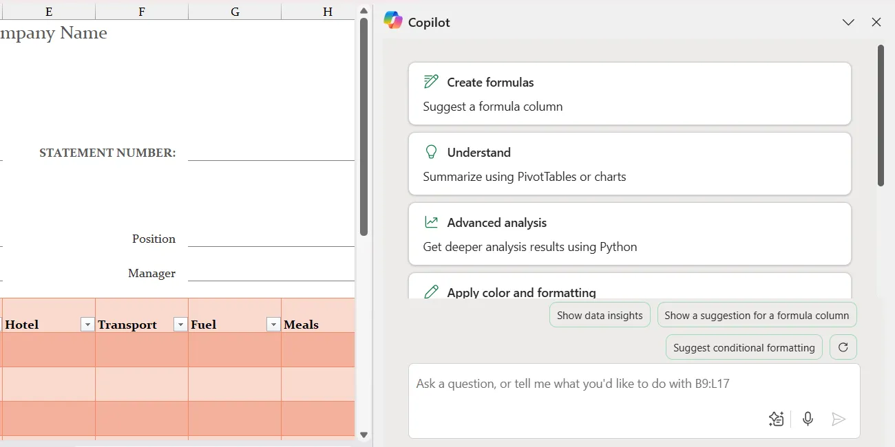 Giao diện thanh công cụ Copilot ở bên cạnh trong Microsoft Excel, hiển thị khả năng phân tích và hỗ trợ dữ liệu.