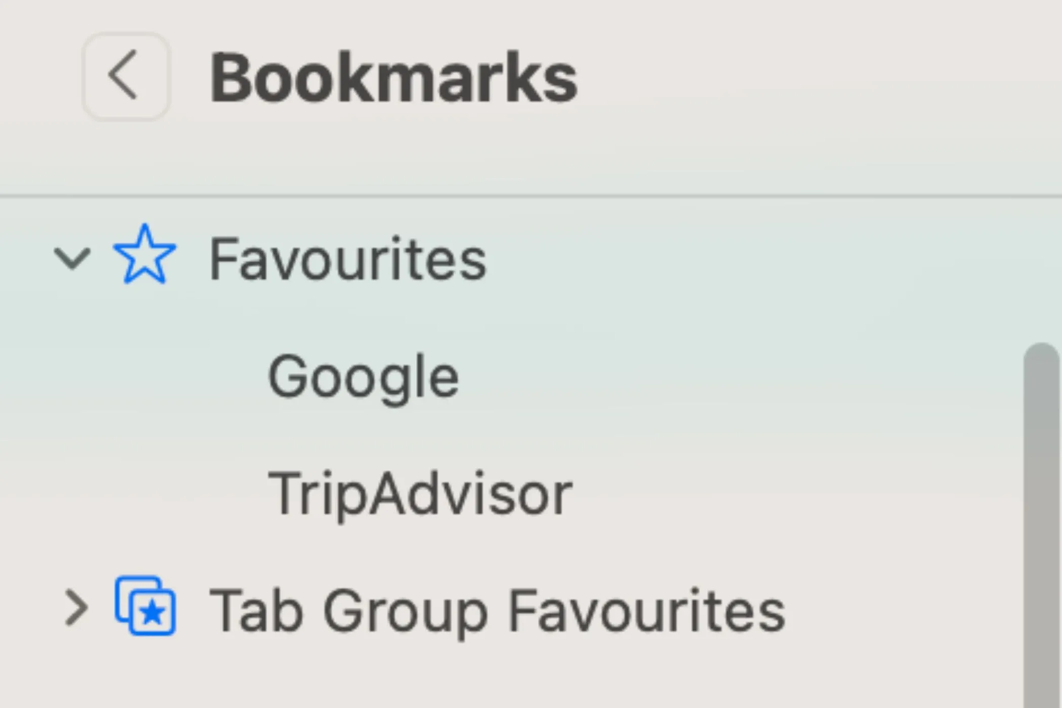 Giao diện thanh đánh dấu trang (Bookmarks) của trình duyệt Safari trên macOS