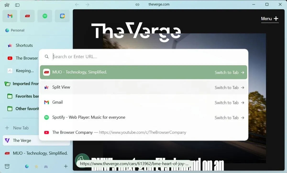Giao diện thanh sidebar dọc của Arc Browser hiển thị các tab đang mở và tùy chọn chuyển đổi tab