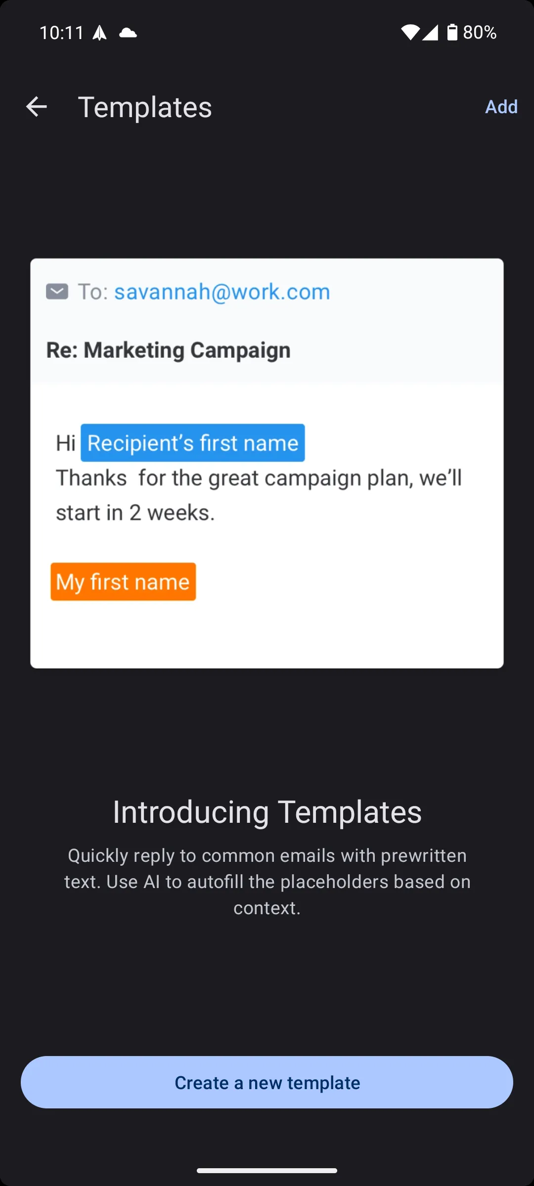 Giao diện thêm mẫu email mới trong ứng dụng Spark Mail Android