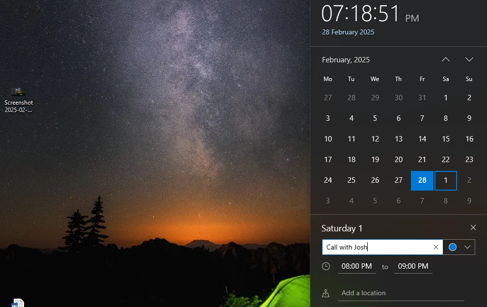 Giao diện thêm sự kiện trực tiếp từ lịch tích hợp trên thanh tác vụ Windows 10, minh họa tính tiện lợi.