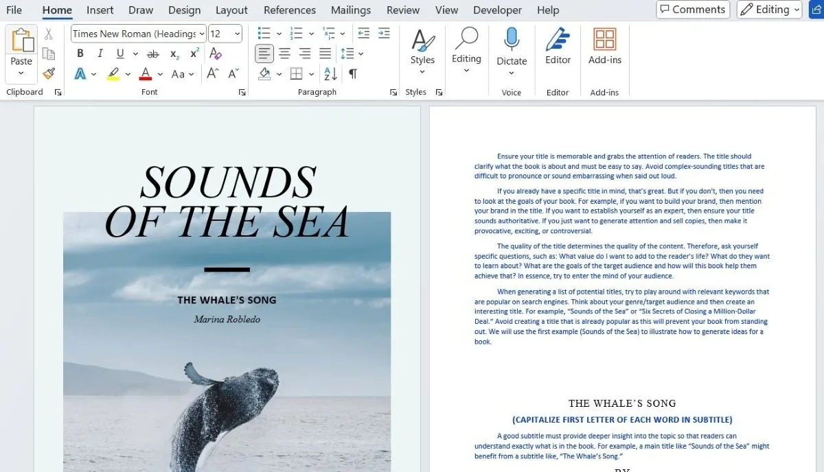 Giao diện thiết kế sách điện tử (eBook) &quot;Sounds of the sea&quot; trong tài liệu Word.