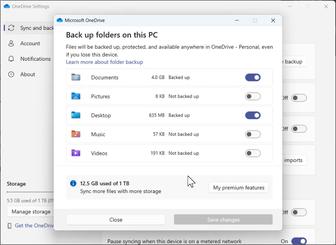 Giao diện thiết lập sao lưu thư mục tự động trong Microsoft OneDrive