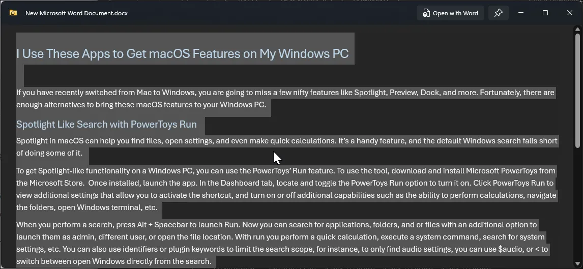 Giao diện tiện ích PowerToys Peek hiển thị xem trước tài liệu văn bản trong File Explorer trên Windows 11